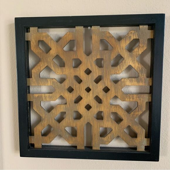 Set of‎ 2 Square Wood Ornate Wall Decor Hanging Black Gold Carvings - Picture 1 of 7